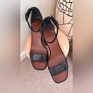 Tory Burch Black Leather Ankle-Strap Block Heel Sandals - Size 8